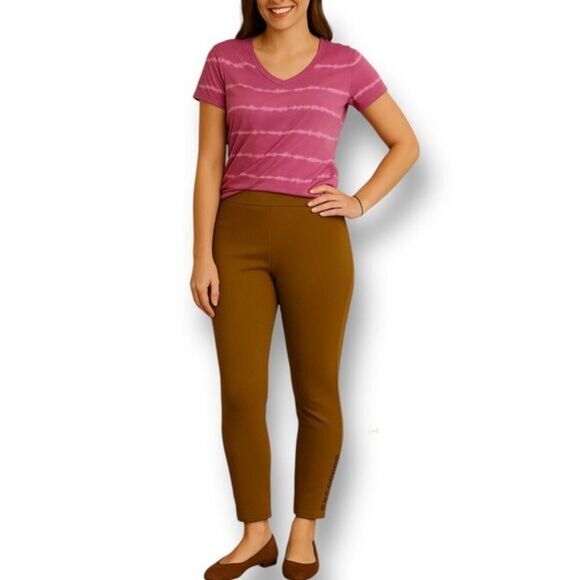 Soft Surroundings Brown Stretch Ankle Pants Snap Hem Pull-On Leggings Travel M - Picture 1 of 6